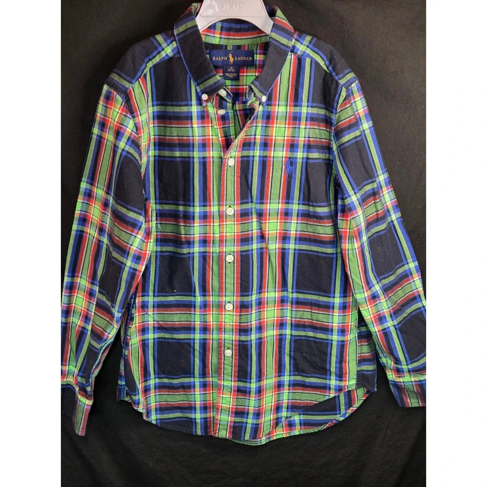 Ralph Lauren Boys Green Blue Plaid Button‎ Down Shirt Size M 10-12 Long Sleeve